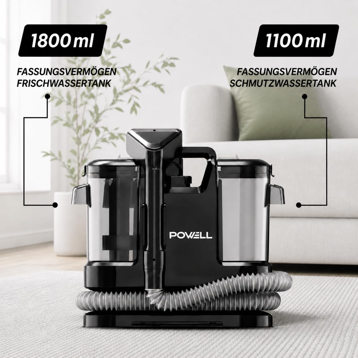 Powell Tragbarer Teppichreiniger & Fleckenentferner – 450-W-Sofa- & Fleckenreiniger für Teppiche, Möbel, Teppiche, Matratzen, Treppen & Autopolster | Leicht und schnell trocknend (Schwarz)