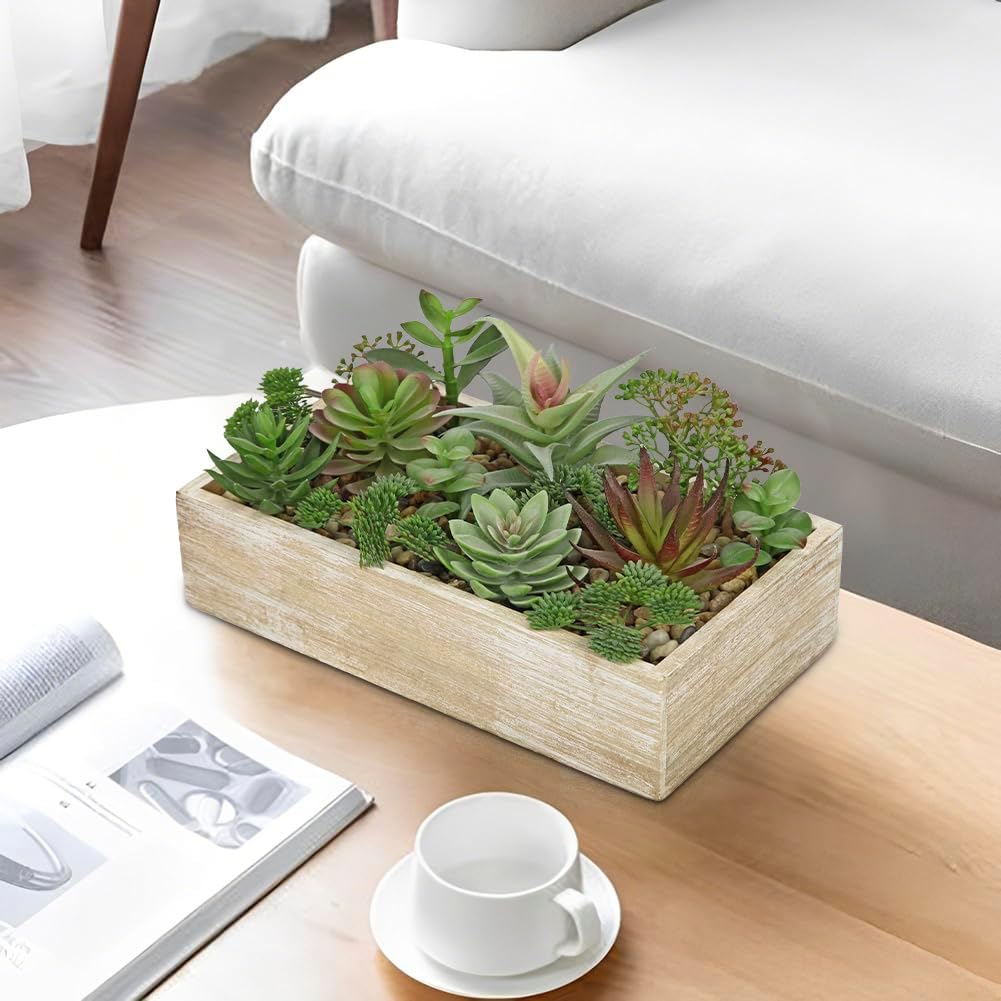 Artificial Succulent Plants in Pot 10 Inch Fake Succulent Arrangement Potted Succulents Plants Centerpiece in Rectangular Wooden Planter for Home Office Desk Shelf Living Room Bedroom Farmhouse Decor - Image 6
