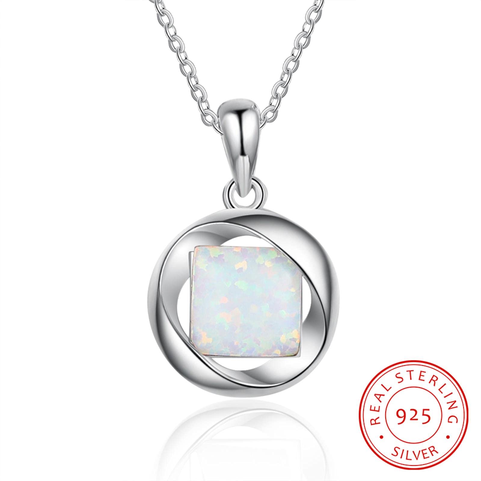 SALAN Collares con Colgante De Ópalo De Plata De Ley 925 para Mujer, Collares De Eslabones De Cadena De Piedra De Ópalo Blanco Cuadrado, Joyería Fina