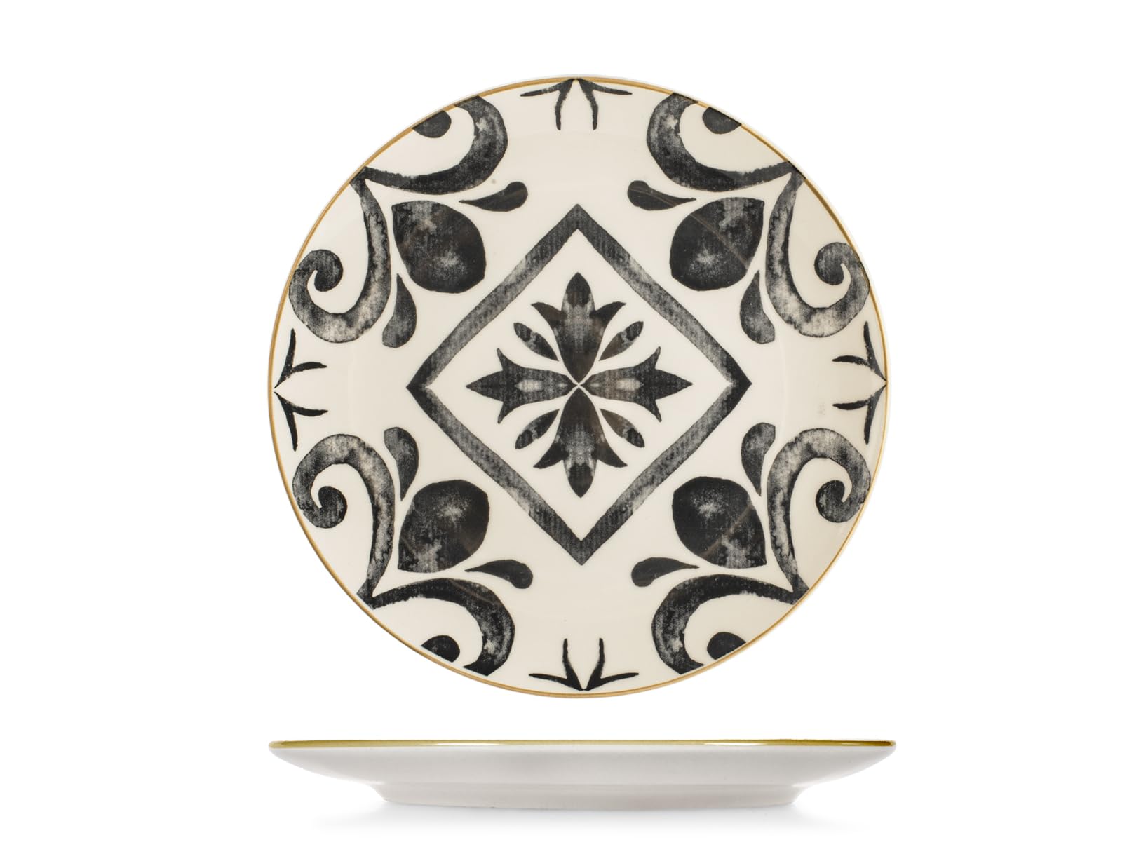 H&H Helena Tafelservice 18-teilig aus dekoriertem Stoneware, Komplettes Geschirrset für 6 Personen, Optical-Design in Schwarz und Elfenbein inspiriert von handwerklicher Majolika
