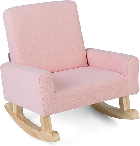 Miniatura 8 de Mecedora para niños, sofá infantil con base de madera maciza y almohadillas antideslizantes, tela de lino duradera, sillón mecedor para niños en