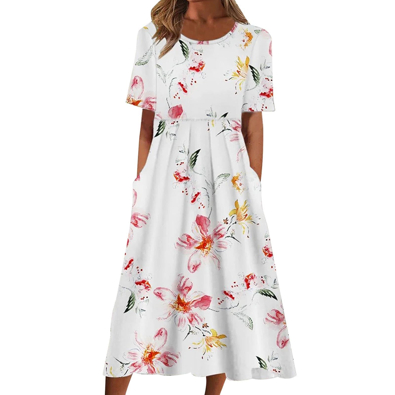Generic Vestido largo de verano para mujer, manga corta, cuello barco, estampado floral, largo y holgado, para mujer, 2024, a la moda, Y2K