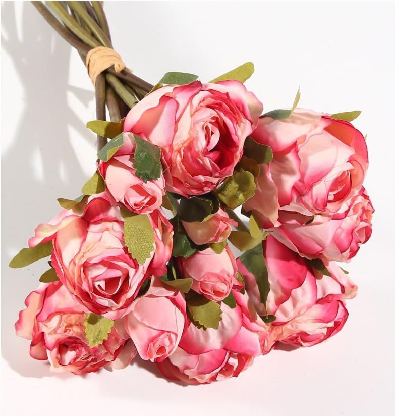 VATTEN HOME Ramo DE Flores Artificiales, 28 CM, Rosa, POLIÉSTER+PE+Hierro, Muy Realista Y EL Color ES Brillante (11 Flores Rosa Rosas)