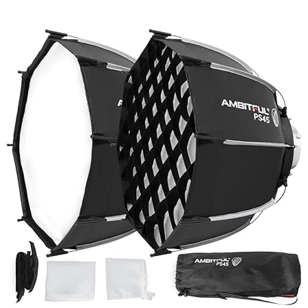 AMBITFUL 17.7''/45cm Mini Softbox Quick Release Softbox with Bowens Mount Quick Folding Quick Set Up with Diffusers/Honeycomb Grid/Bag(PS45)