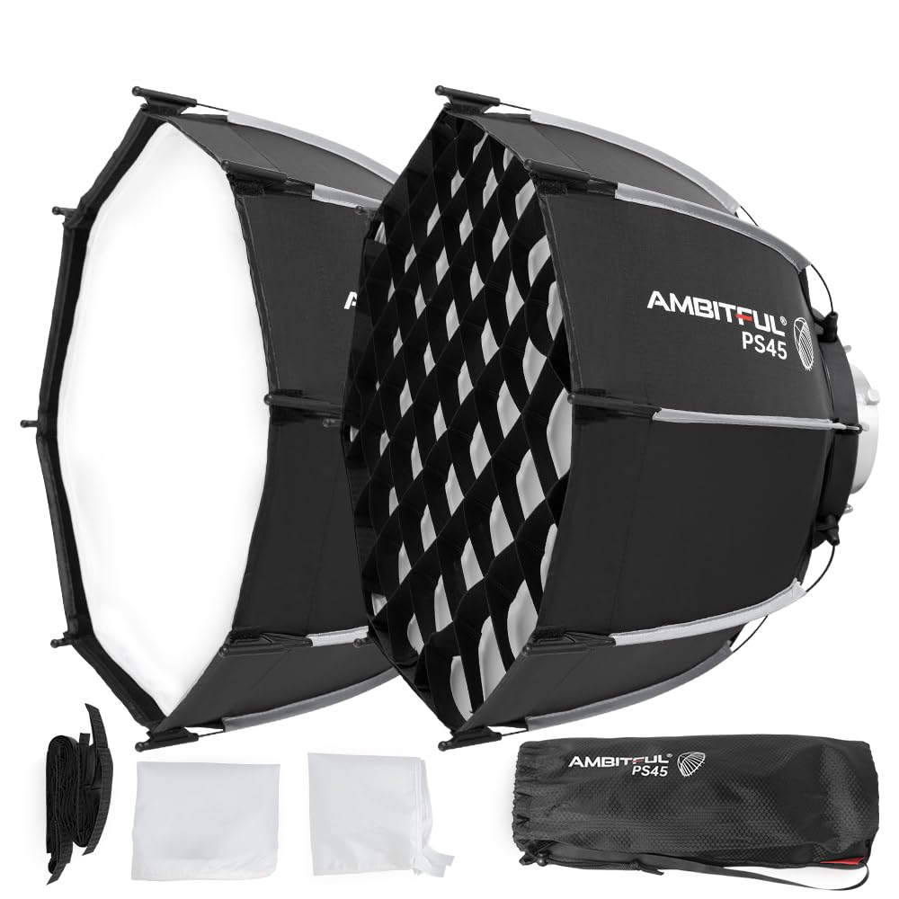AMBITFUL Mini softbox a sgancio rapido da 45 cm, con supporto Bowens, pieghevole, installazione rapida con diffusori, griglia a nido d'ape, borsa (PS45)