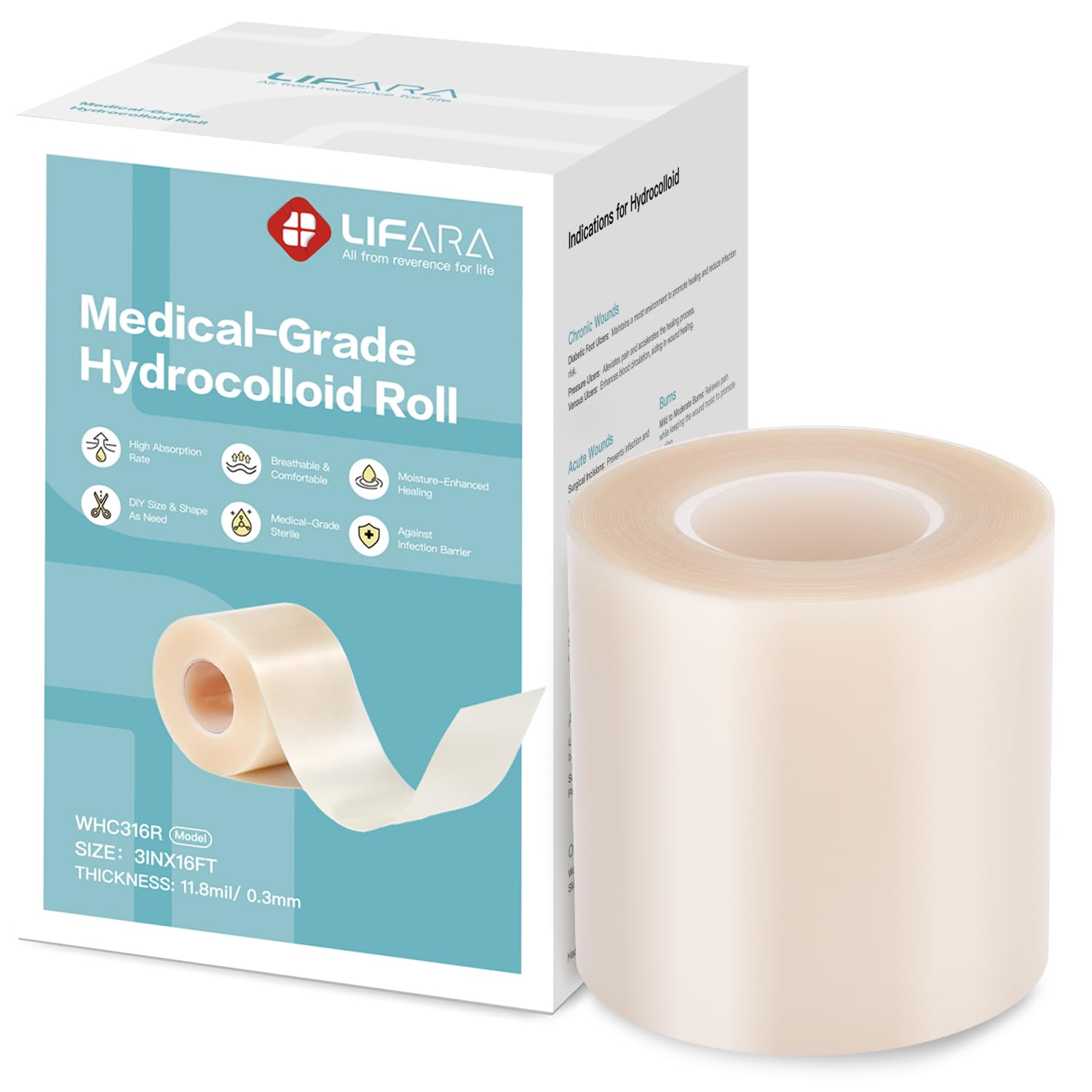 LIFARA Hydrocolloid Roll for Wound Care - Cut-to-Size, Extra Large Hydrocolloid Patch Bandages with Self-Adhesive, Waterproof, First Aid Kit Essential (3in*16ft, 11.8mils/ 0.3mm Thickness)
