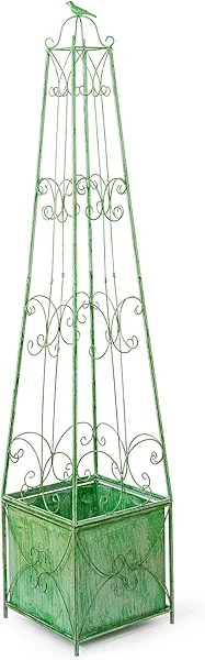 Sungmor Vintage Green Metal Garden Trellis Planter with Bird Topper, 59 Inch Tall Plant Support Obelisk for Climbing Vines & Flowers, Decorative Outdoor/Indoor Potted Plant Stand Growing Box