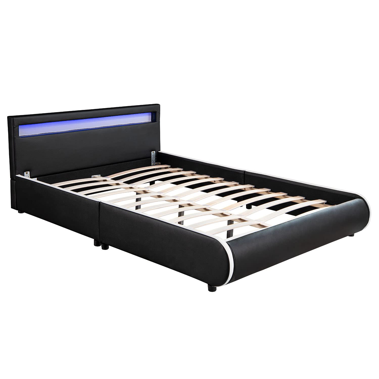 JuskysSevilla Upholstered Bed 140 x 200 cm with LED Lighting, Slatted Frame & Headboard, Wood & Faux Leather, 16 Colour Settings and Remote Control, Single Bed, Black