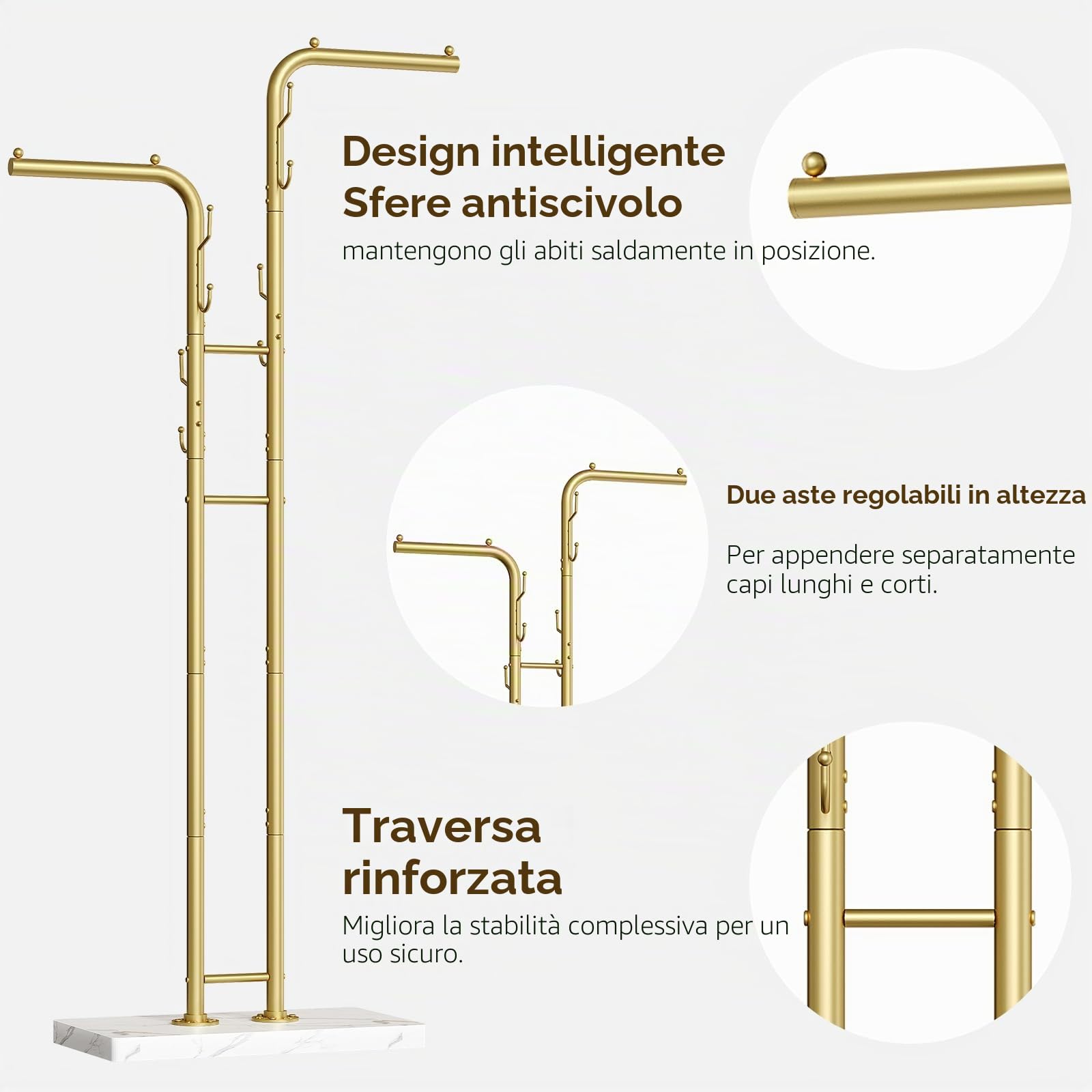 YATINEY Appendiabiti da Terra Doppio con 8 Ganci, Attaccapanni da Terra Oro con Base Effetto Marmo, Moderno Appendiabiti per Ingresso, Soggiorno, Camera da Letto, Spogliatoio XYM02DWY1