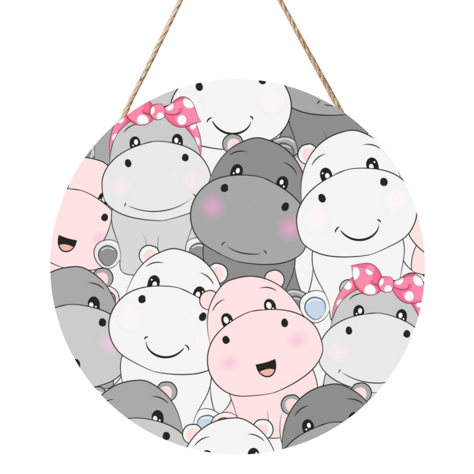 InOmak Cute Baby Hippos, Round Wood Panel Painting 12 in, Wall Hanging Painting For Home