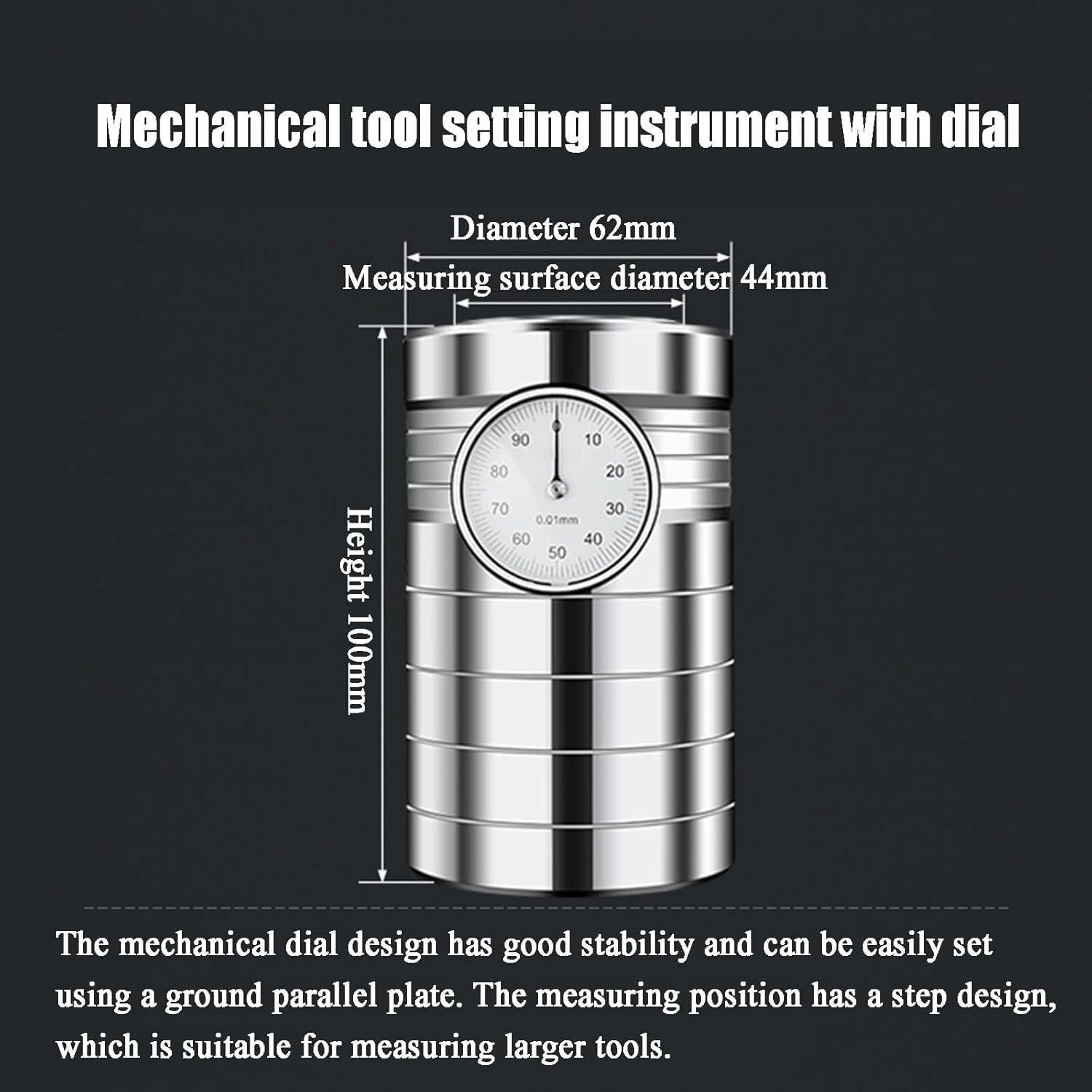Narzędzie do ustawiania wstępnego zera, precyzyjny instrument mechaniczny, średnica 62 mm, dokładność 0,01 mm, wysokość 100 mm, do narzędzi poniżej 4,3 cm, z pudełkiem do przechowywania