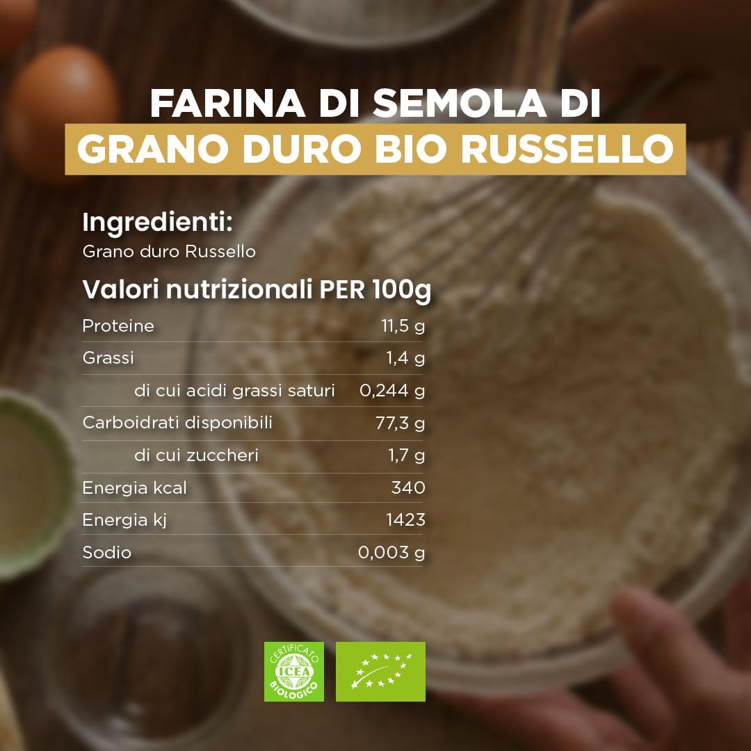 Farine de Semoule de Blé Dur Biologique Russello - 100% Blé Ancien Sicilien et Biologique - Riche en Fibres et Protéines - 1kg