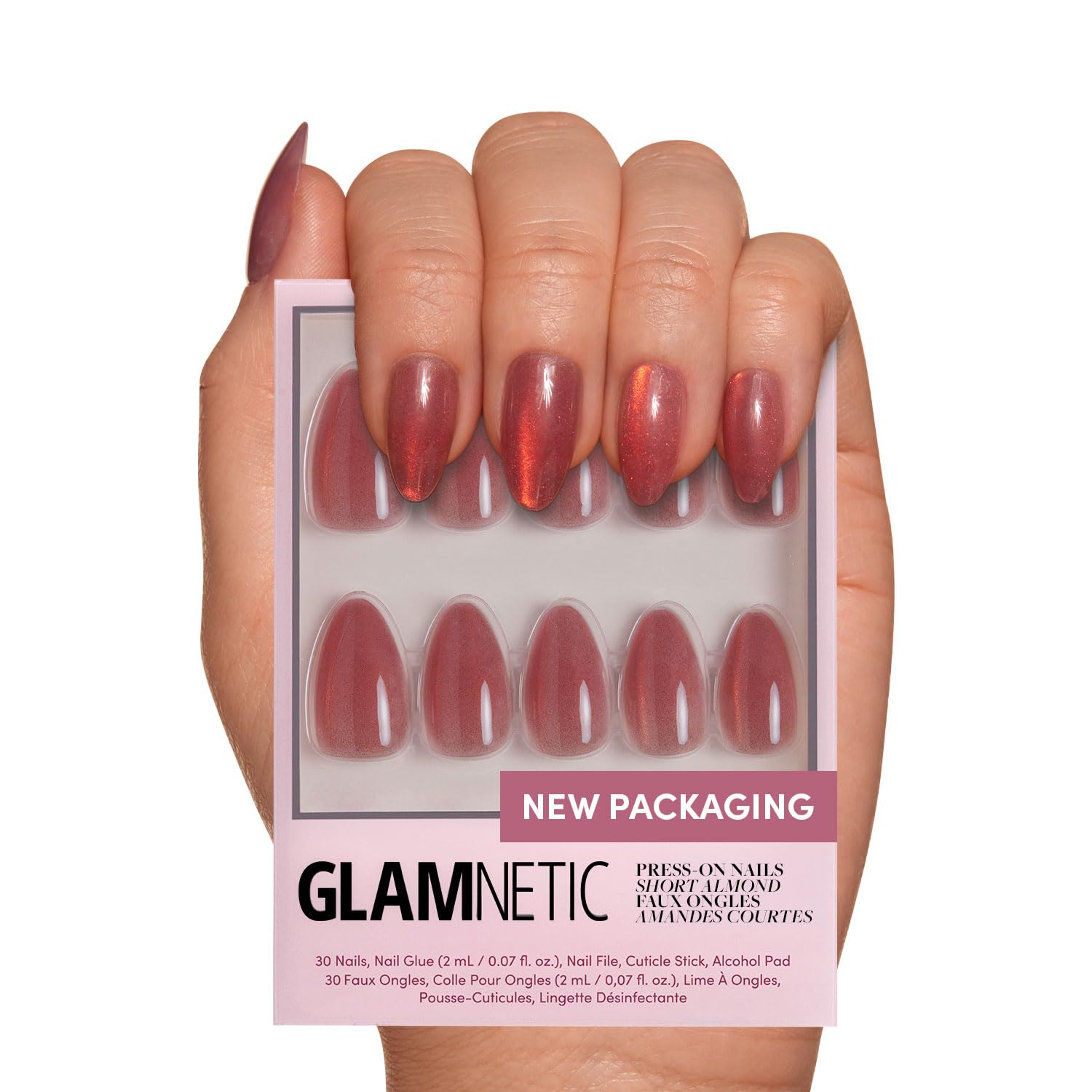 Glamnetic Press On Nails - Rose | Short Almond Rosy-Pink Nails with a Mesmerizing Metallic Finish | 15 Sizes - 30 Nail Kit with Glue