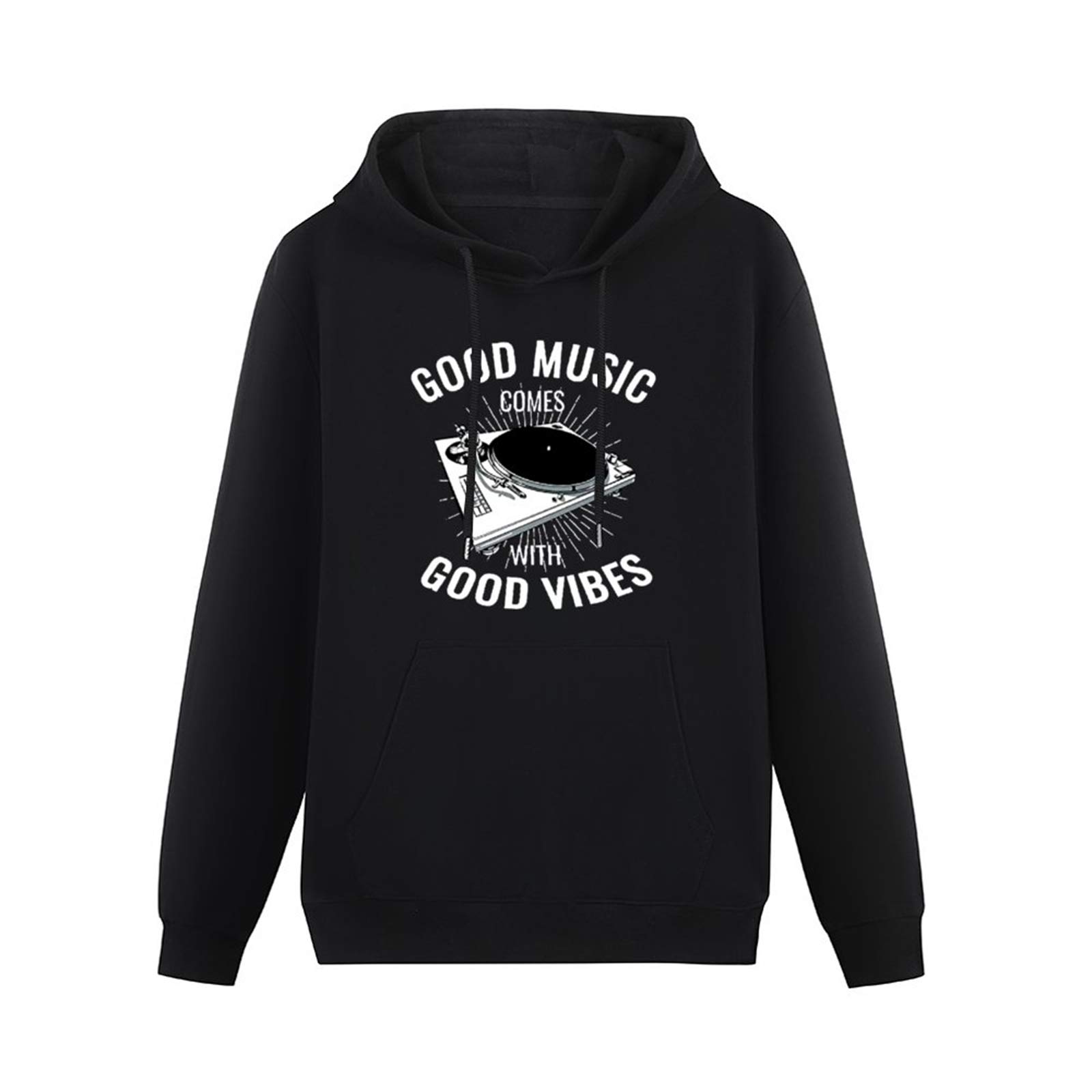 Good Music Vibes Funny DJ Turntable Vinyl Record Player Technics Hoodies Long Sleeve Pullover Loose Hoody Mens Sweatershirt Size M Black