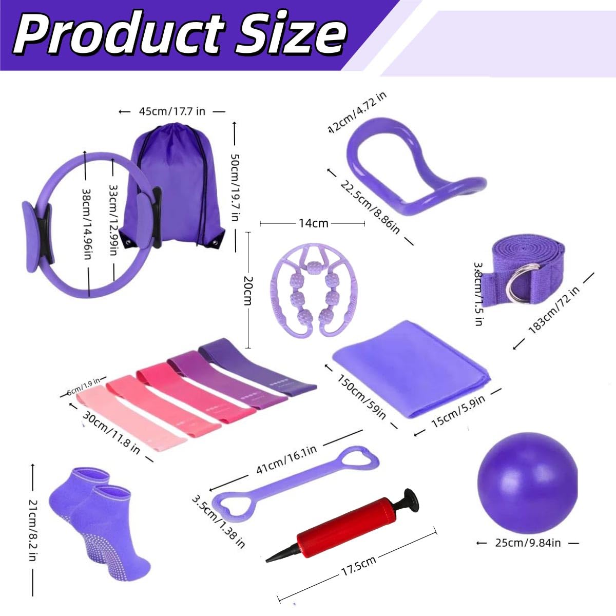 15 teiliges Pilates Set für Zuhause mit Upgrade Pilates Ring 38 cm 5 Fitnessbänder Pilates Ball Yoga Ring Pilates Gurt Massagegerät Trainingsguide Essentielles Pilates Set für Frauen in Lila