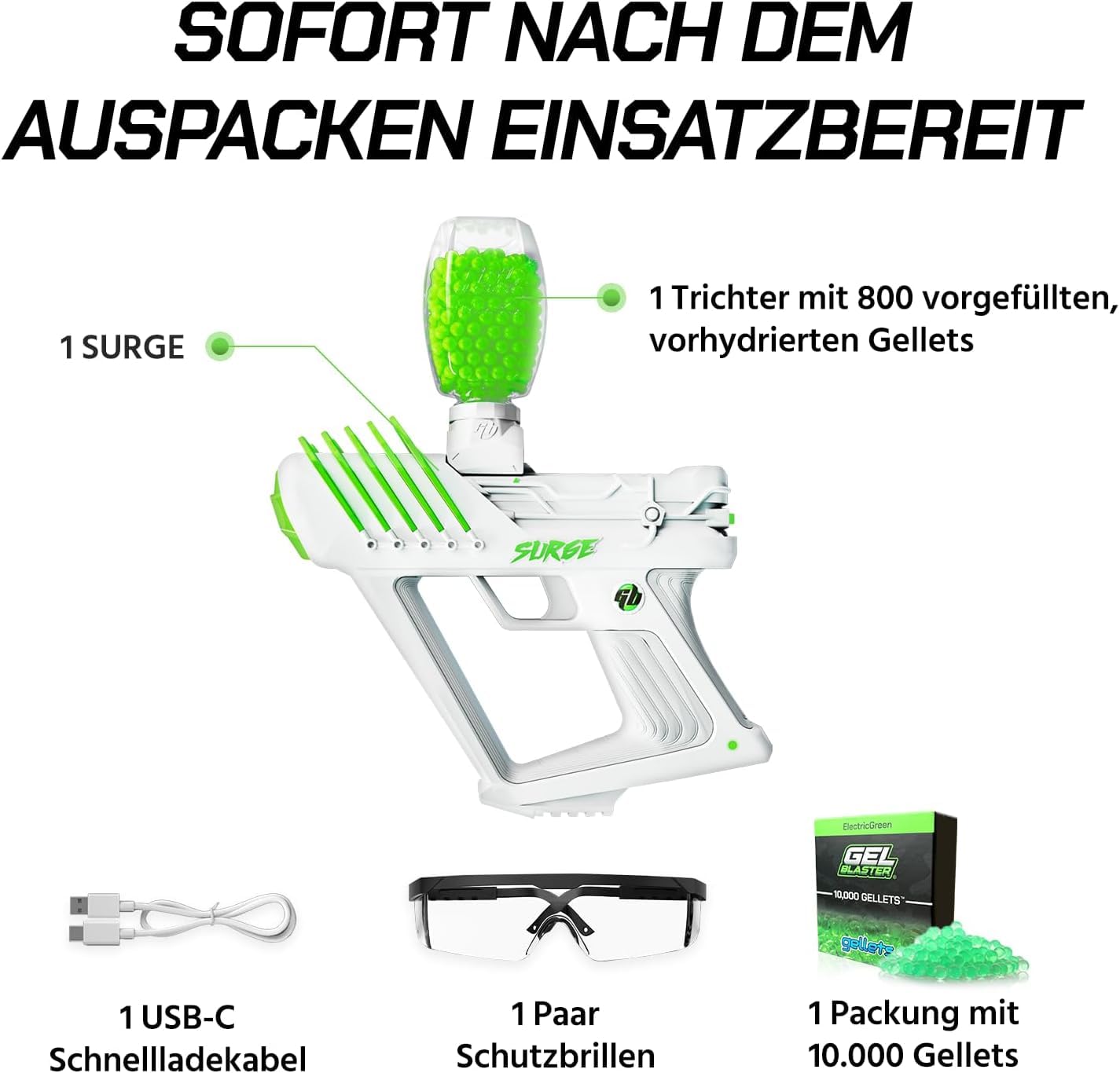 Gel Blaster The Original Surge - Hochleistungs-Gelball-Blaster | Hohe Kapazität in Halb- & Vollautomatik | 10K Schuss, erweiterte 30m Reichweite | Inklusive 800 Schuss | Ab 14 Jahren