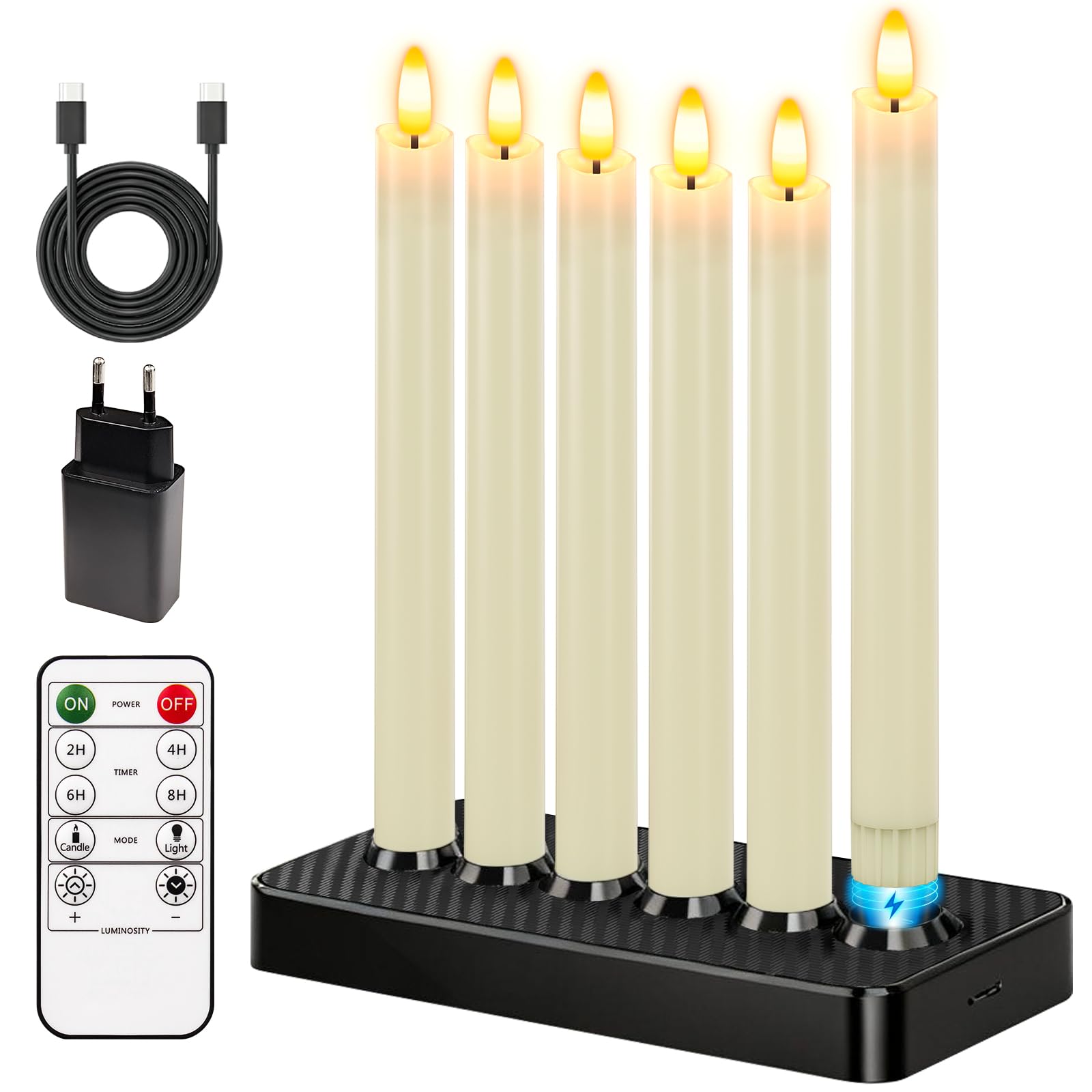 idyl light LED Stabkerzen 6 Stück aufladbar mit Ladebasis