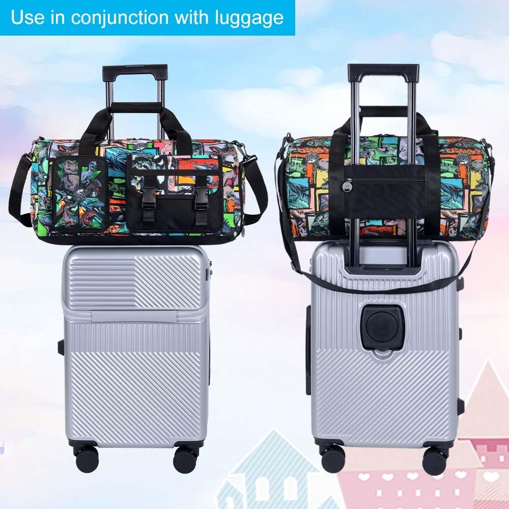WZLVO Duffle Bag for Boys with Shoe Compartment - Dinosaur Print Sports Bag for Kids, Lightweight Travel Gym Overnight Weekender Bag (18x9x10 Inches)