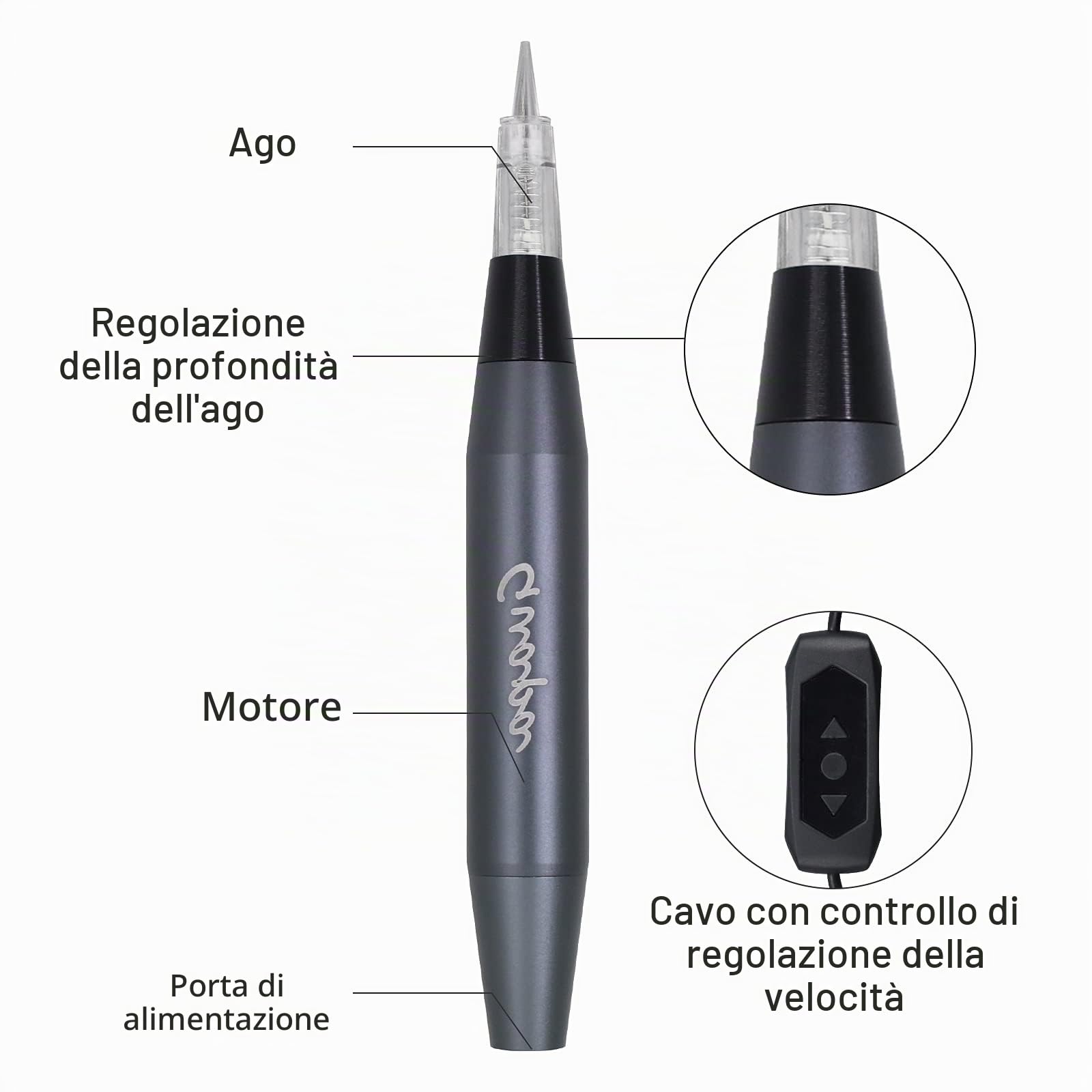 5 Livelli di Velocità Macchina Trucco Semipermanente Multifunzione Dermografo Microblading per Tatuaggio Permanente con 20 pz Aghi 1R (Grigio)
