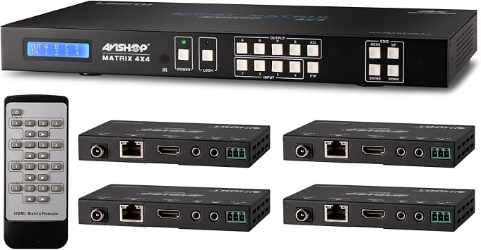 4x8 4x4 4KHDBaseT HDMI Matrix Switcher w/ 4 PoC HDBasT Receivers CAT5e or CAT6. HDCP2.2 HDTV Routing Selector SPDIF Audio Control 4 Savant Home Automation with Bi-Directional IR Matrix+4RX