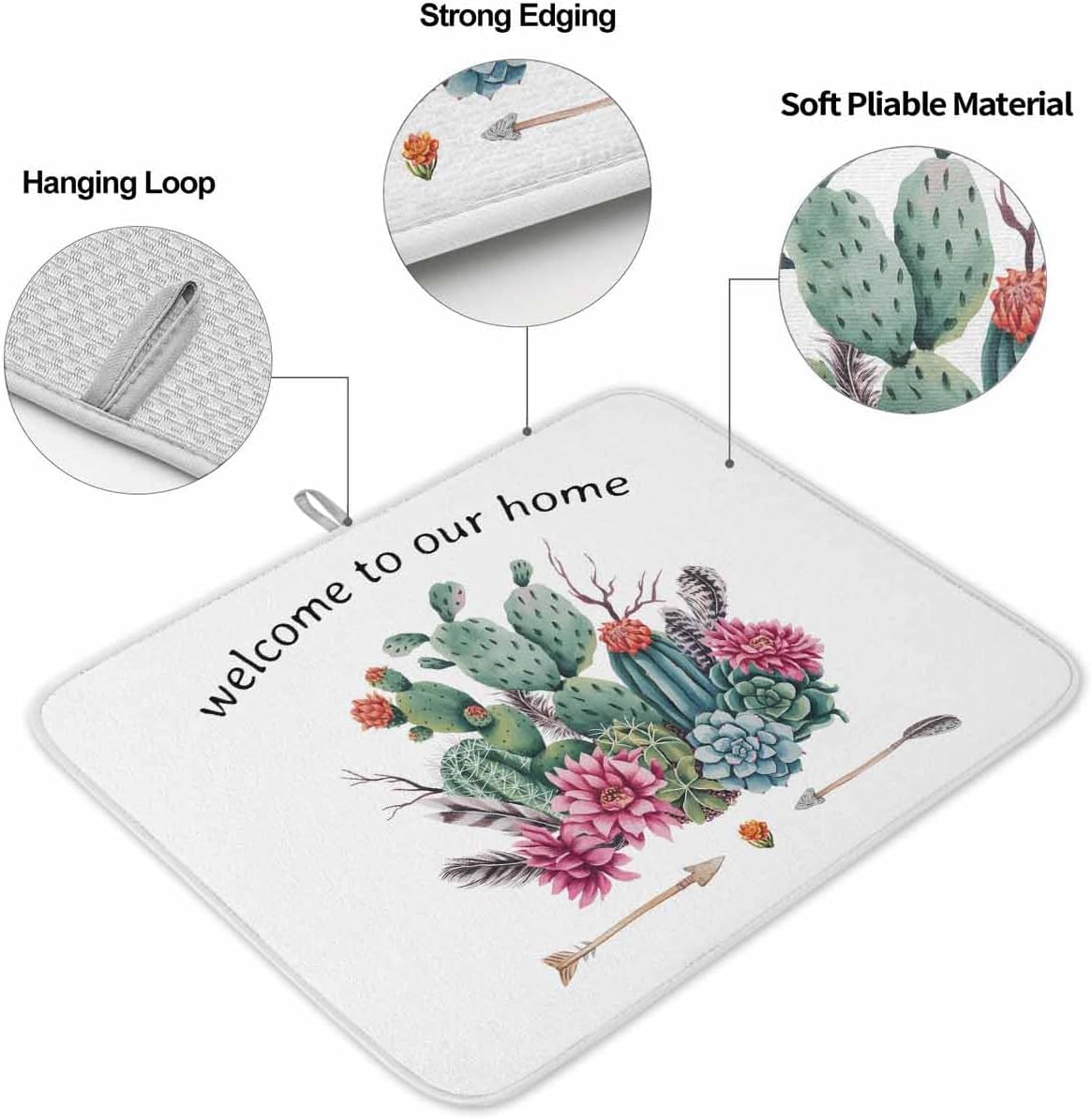 Dish Drying Mat 18 x 24 Inch, Tropical Plants Absorbent Microfiber Coffee Mats for Kitchen Country Summer Botanical Cactus Plants Quick Drying Dish Drainer Pad 2 Pack