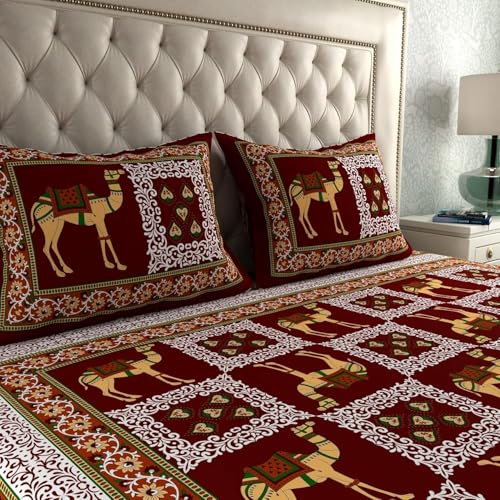Image of La Verne 104 TC Cotton Double Bed Bedsheet Jaipuri Rajasthani Print Bedsheet with 2 Pillow Covers (Maroon)