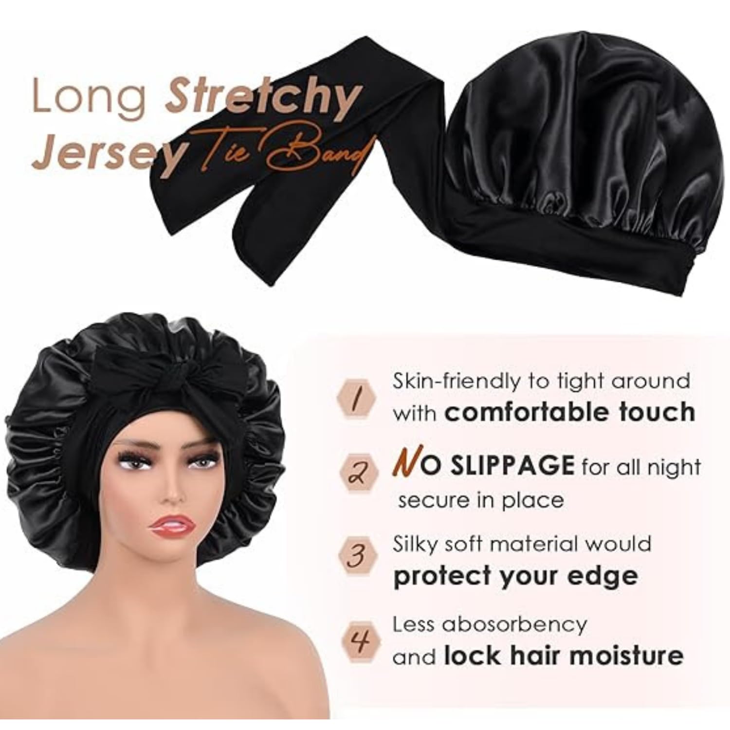 Candibella Silk Bonnet With 3 Scrunchies, Adjustable Hair Cap for Sleeping, Satin Bonnet for Curly Hair With Soft Jersey Fabric Tie Band (Alpha, Free Size, Rose Taupe) - Image 7 thumbnail