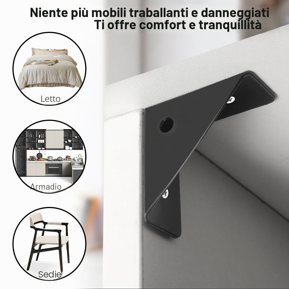 Squadrette Angolari di Supporto Triangolo, 12 pezzi Angolari Metallo per Legno, Staffe Angolari a 90 Gradi, Squadrette Angolari Nero, Staffa Angolare, Utilizzare per Stabilizzare Letti, Armadi