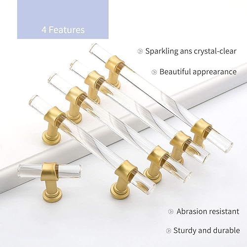 Miniatura 5 de homdiy LS9165GD76 - Tiradores acrílicos de latón cepillado para cajones, manijas de gabinete transparentes para cajones de tocador, manijas de