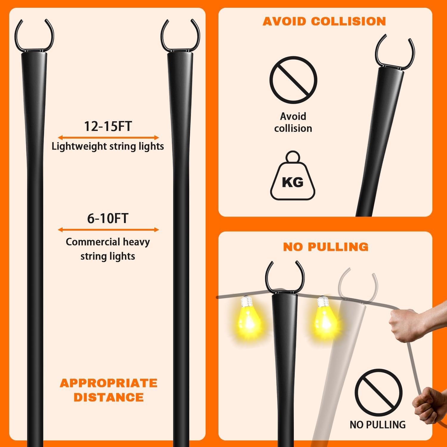 Lot de 4 guirlandes lumineuses de 3 m, poteaux en métal avec fourchette pour lumières extérieures, support d'éclairage extérieur en métal avec supports de clôture, lampes suspendues pour