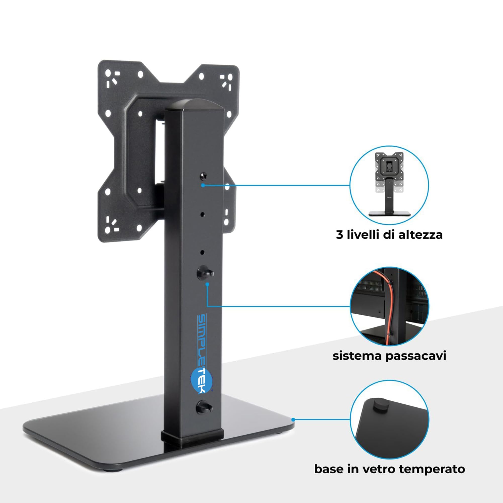 SIMPLETEK - Supporto da Tavolo Universale per Monitor e TV 23"-43" - Base in Vetro Temperato - Max 40kg - VESA 200x200 - Design Slim Nero
