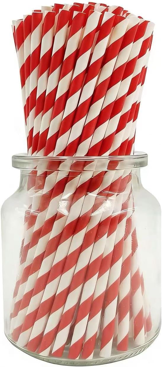 Biodegradable Red Striped Paper Cocktail Straws 7.75 Inch, Box of 100 Eco-Friendly Christmas Red and White Straws Perfect for Drinking, Milkshake, Coffee, Lemonade