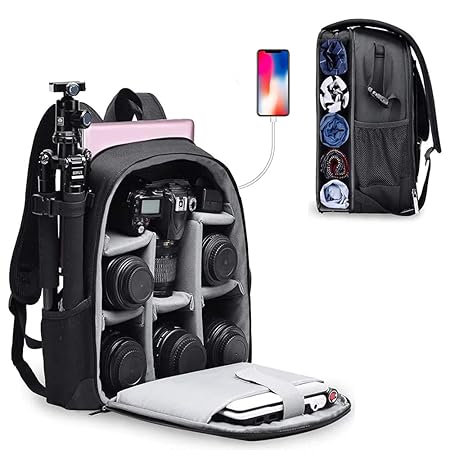 CADeN Camera Backpack Bag for DSLR/SLR Mirrorless Camera with 14 inch Laptop Compartment, USB Charging Port, Tripod Holder, Camera Case Compatible for Sony Canon Nikon Waterproof Black