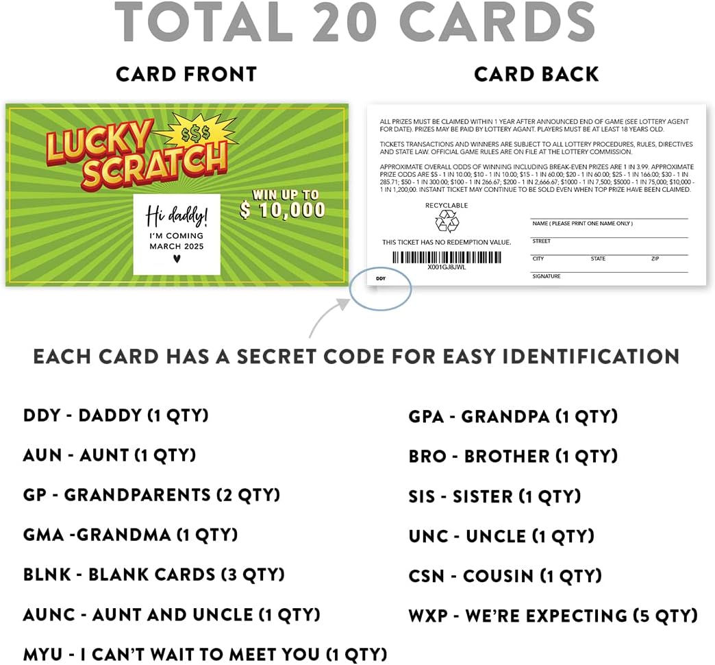 Andaz Press 20-Pack Personalized Lottery Ticket Pregnancy Announcements Scratch Off Cards Baby Announcement Ideas, Green 2x3.5-Inch Baby Reveal Cards, Surprise Baby News for Family, Husband, Grandma