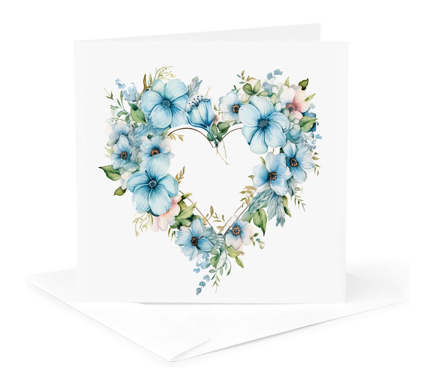 3dRose Blue Flower Heart Wreath Illustration 1 Greeting Card with envelope