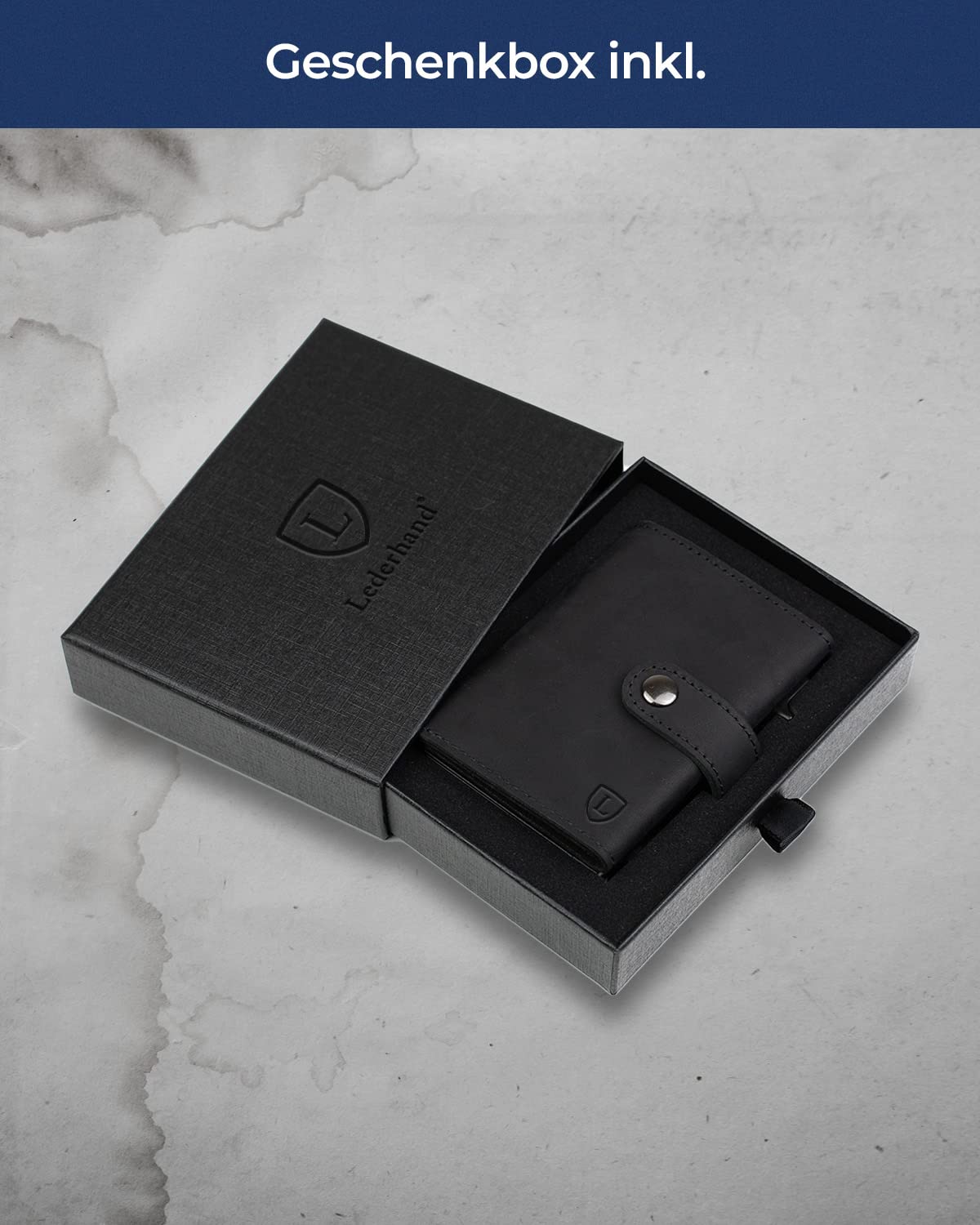 Lederhand Fargo Wallet – Leder Geldbörse handgemacht für Herren und Damen Portemonnaie Aluminium Kartenhalter mit Münzfach und Scheinfach - Platz für 9 Karten mit RFID NFC Schutz Farbe | (Schwarz)