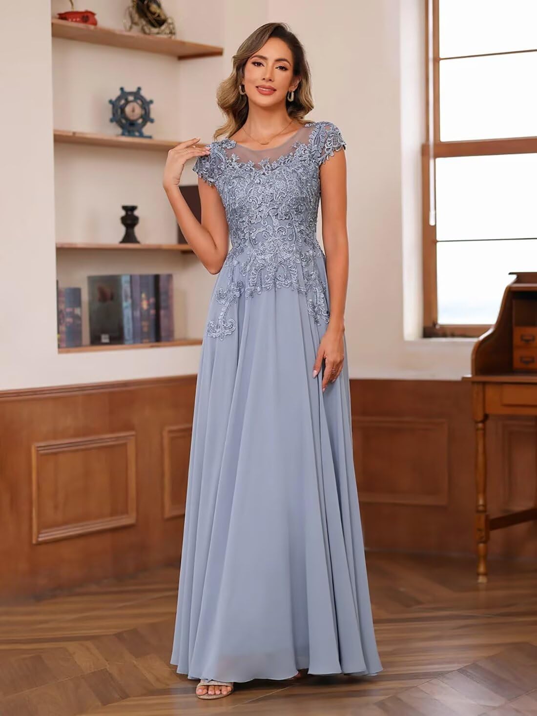 Women's Chiffon Mother of Bride Dress Lace Applique Short Sleeve Prom Dress A Line Long Formal Wedding Guest Dress