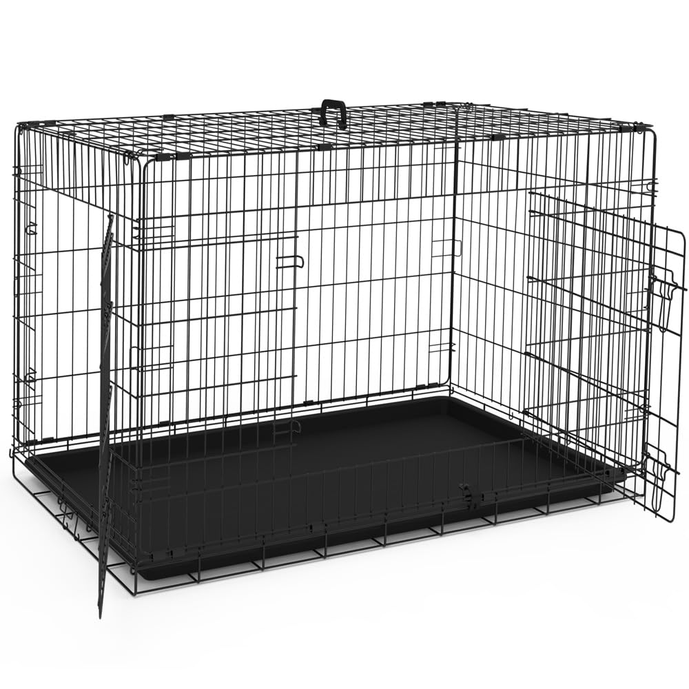 VOUNOT® Gabbia per Cani Pieghevole in Metallo, Cassetta per Trasporto Scatola Trasportino Cani con 2 Porte, Vassoio Rimovibile, 122x75x81cm, Nero