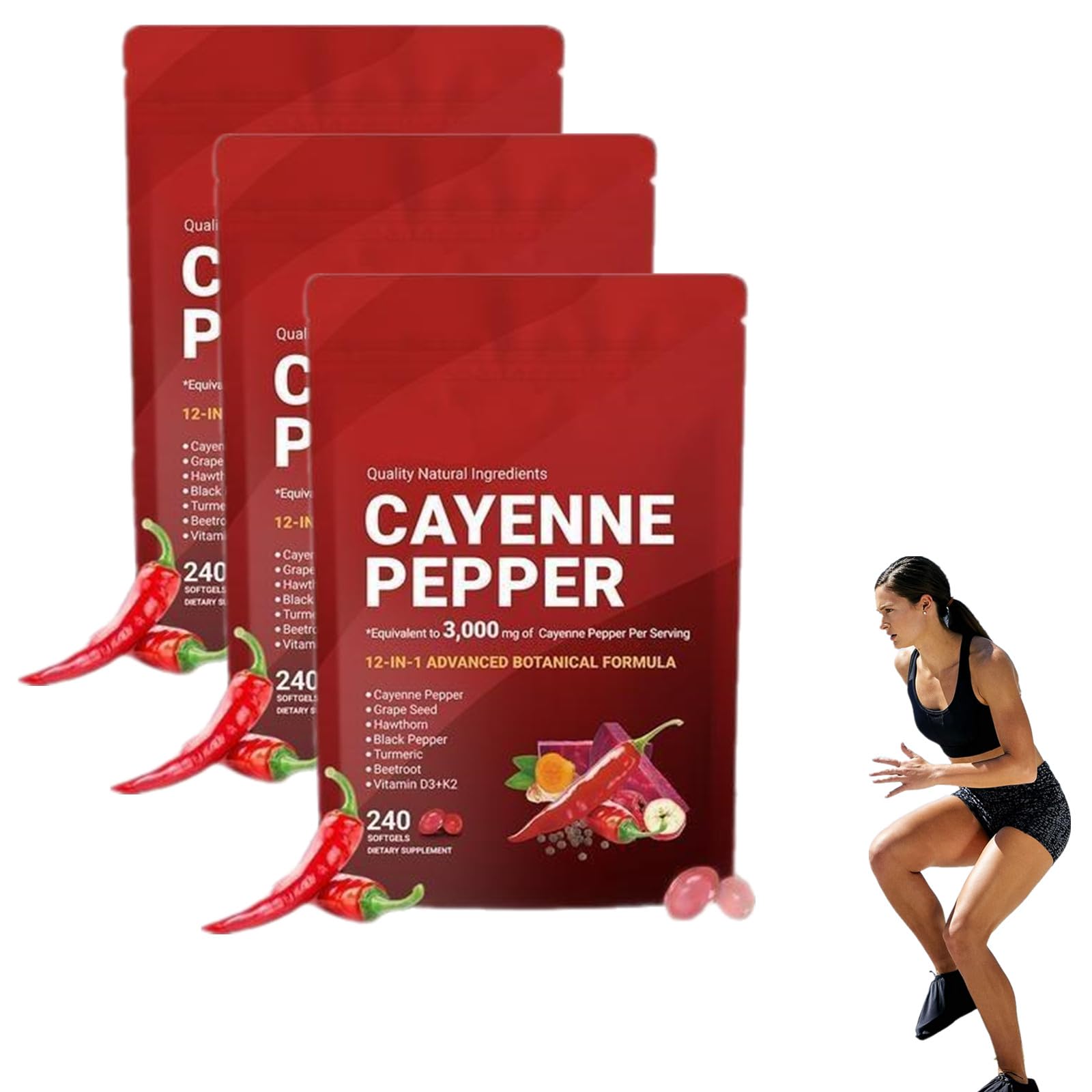 Cayenne Pfeffer Komplex –12-in-1 Formel, Cayennepfeffer-Softgels, 240 Softgel-Kapseln – Mit Kurkuma, Weißdorn & Rote Bete – Hochwertiger Pflanzenextrakt-Komplex (3 Beutel)