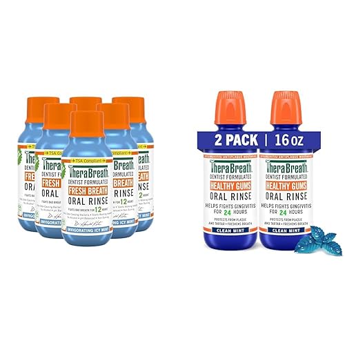 TheraBreath Enjuague bucal de aliento fresco formulado por dentistas (paquete de 6) y enjuague bucal antigingivitis de encías saludables (paquete de