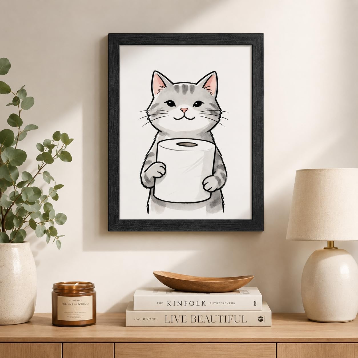 Framed Canvas Wall Art, Funny Bathroom Cat Poster with Black Frame, Waterproof Acrylic Protected Bathroom Decor for Toilet Restroom Washroom Home Decoration (cat, white, 10 * 12in) image 4