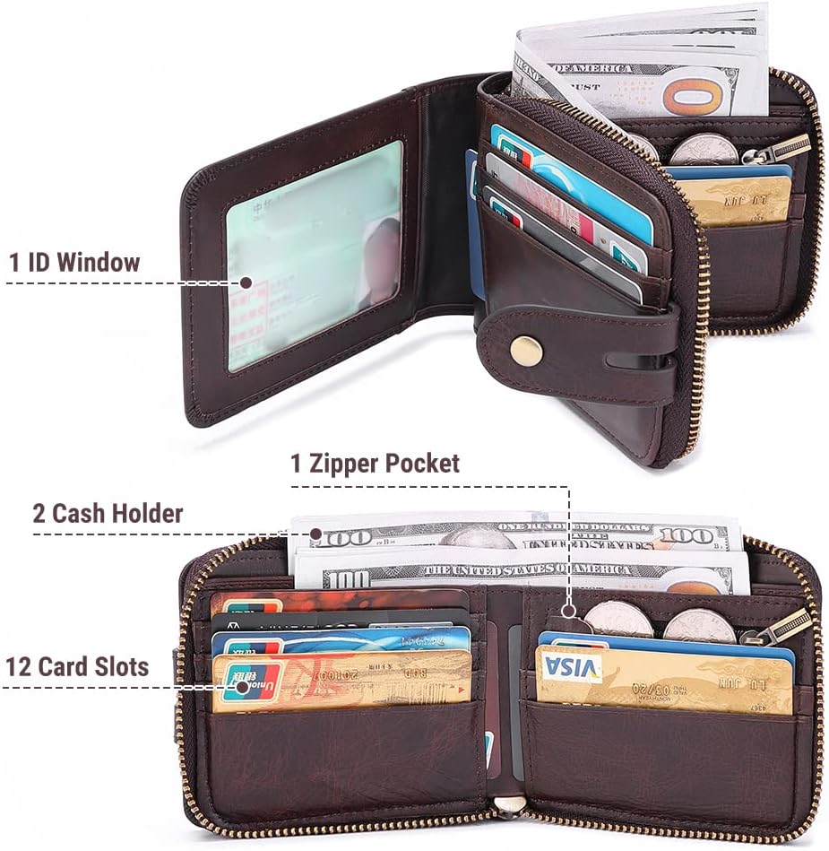 bill heart Men Wallet with Zipper Genuine leather Bifold Purse for Mens ID Window and Coin Pocket… - Image 2