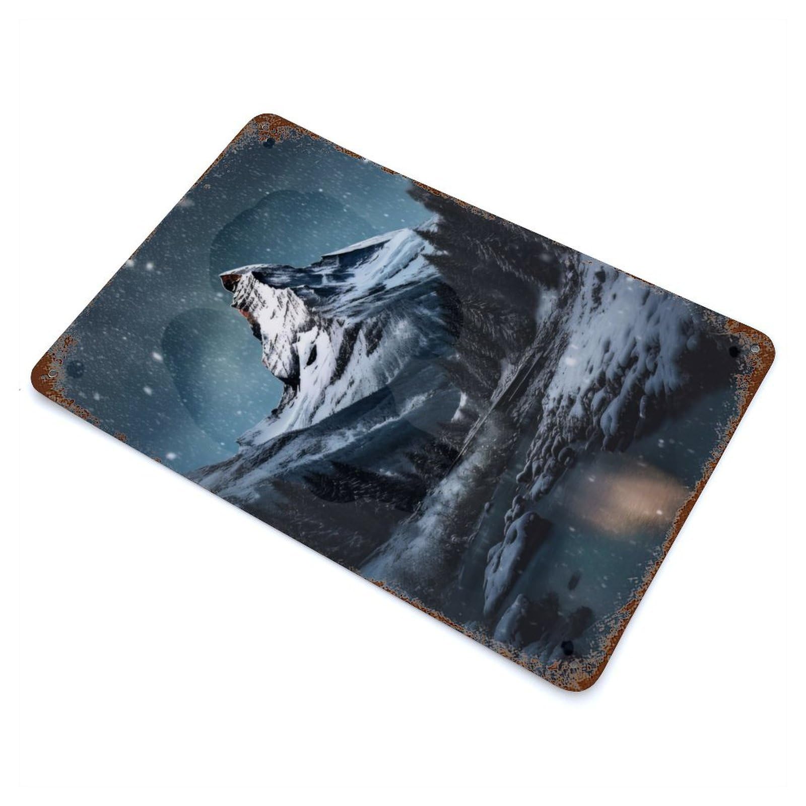 Mountain Peak Snow Night 11.8"x7.9" Rusty Metal Tin Sign, Novelty Wall Decor for Cafe, Home Bar And Lounge Decor