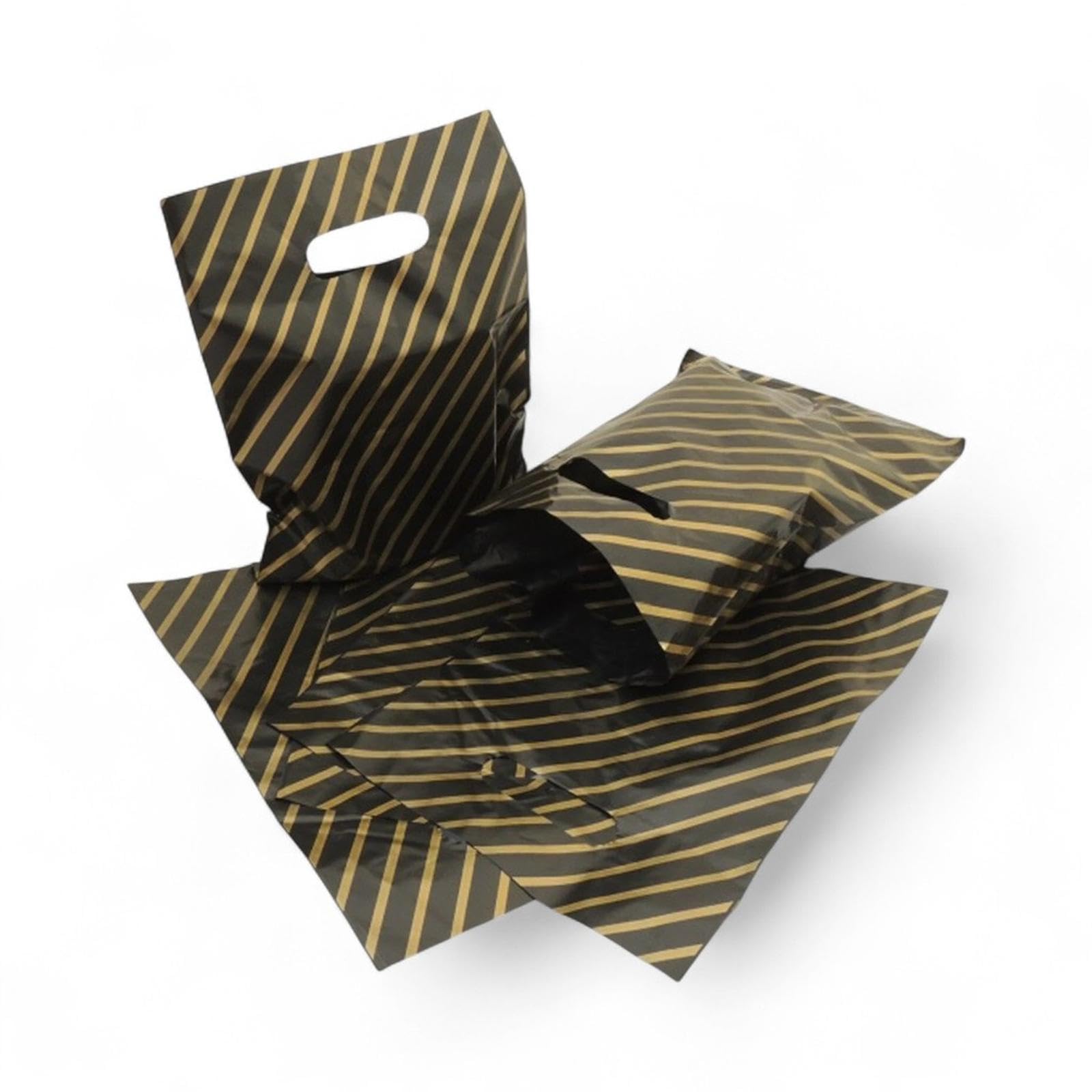 Shoplines Supplies Black&Gold Striped Black And Gold Plastic Carrier Bags With Punch-Out Handles – Strong Boutique Shopping Bags – Retail, Gift, Party Use