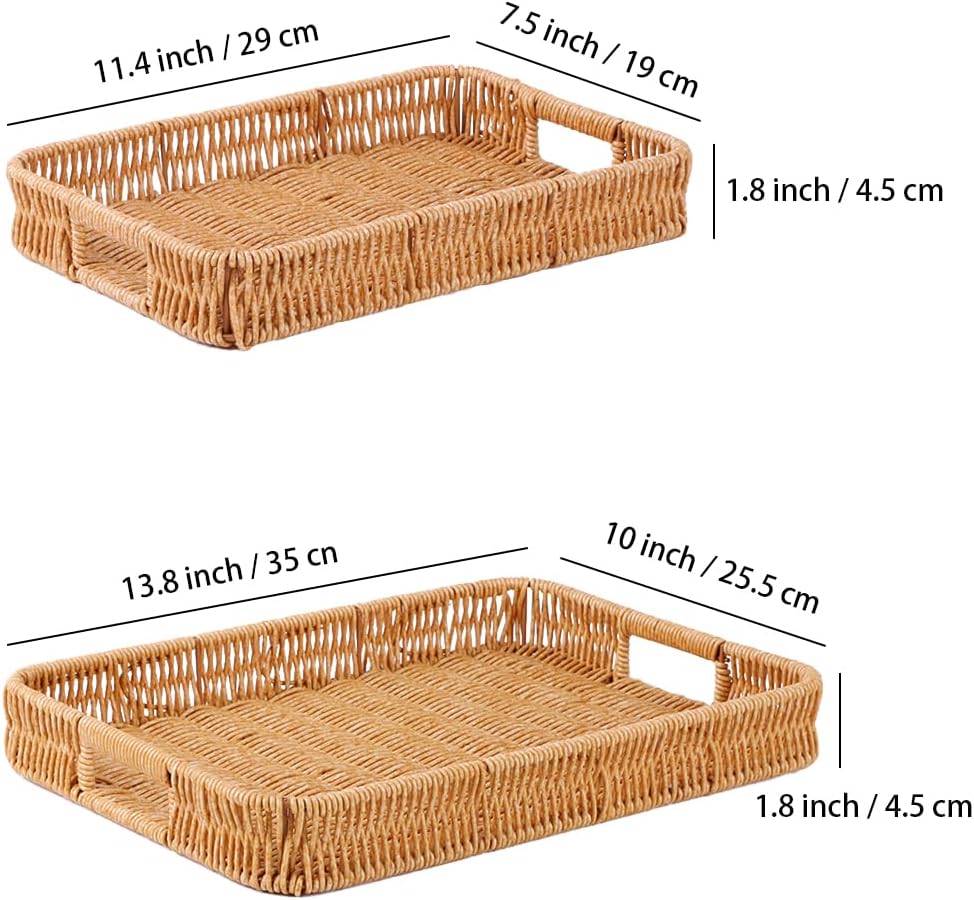 2pcs Rectangular Serving Tray with Handles, Decorative Wicker Organizer Baskets Storage Tray for Coffee Table, Bread, Fruit, Snacks, Centerpiece Decor