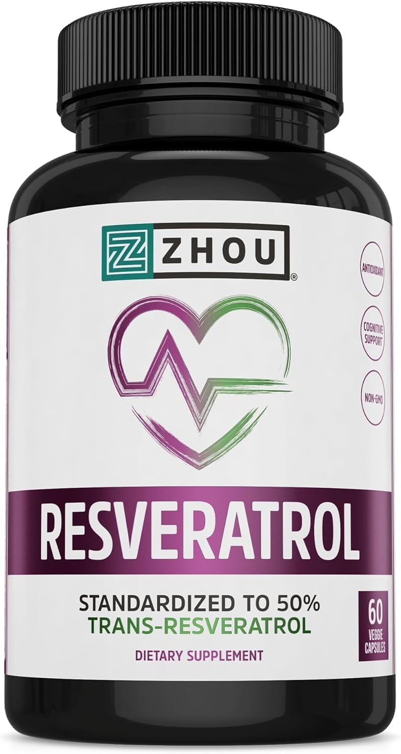 Zhou Resveratrol Supplement for Women & Men - 60 Veggie Capsules | Resveratrol 1000mg Nutritional Supplement for Women & Men, Pure Ultra Strength Heart Health and Antioxidant Support Formula