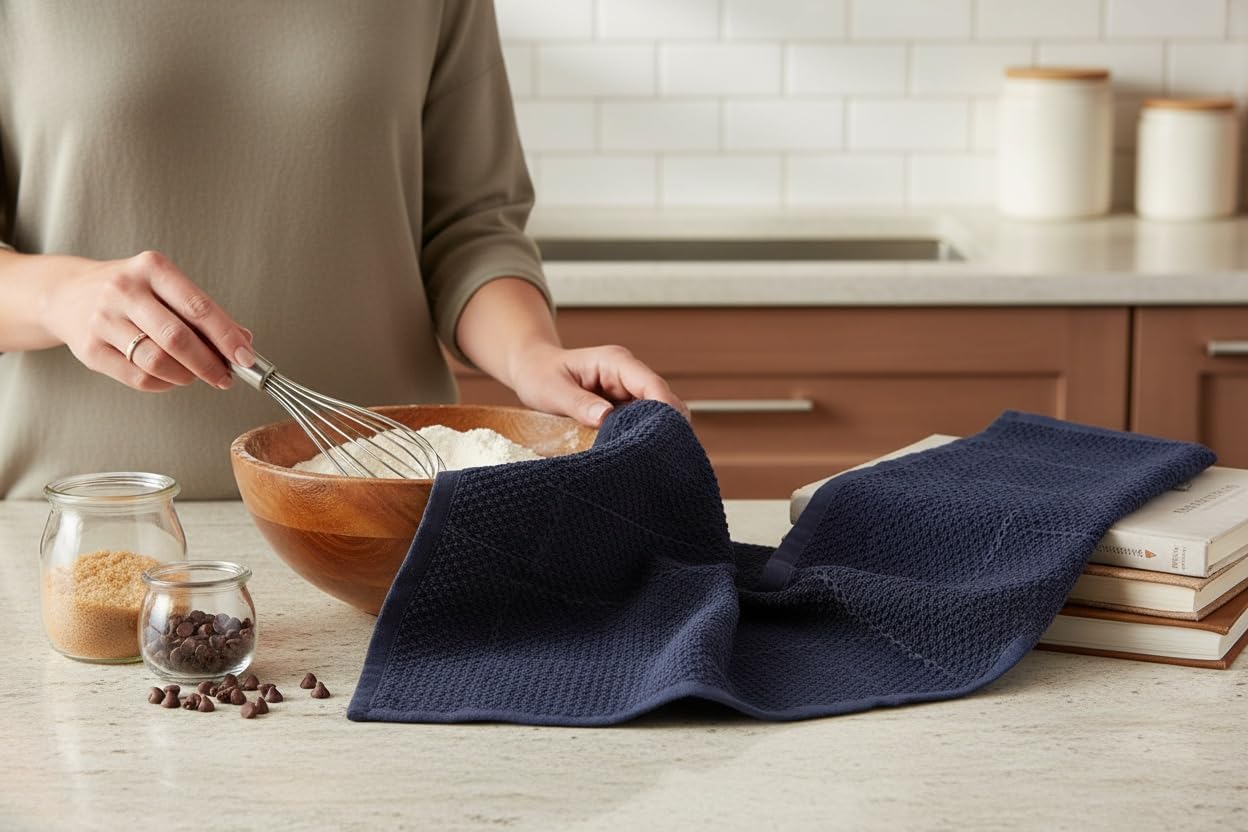 Serafina Home Navy Blue Kitchen Dish Towels: 100% Cotton Cloth Soft Cleaning Drying Absorbent Textured Terry Loop, Set of 3 Multipurpose for Everyday Use Brand image 4