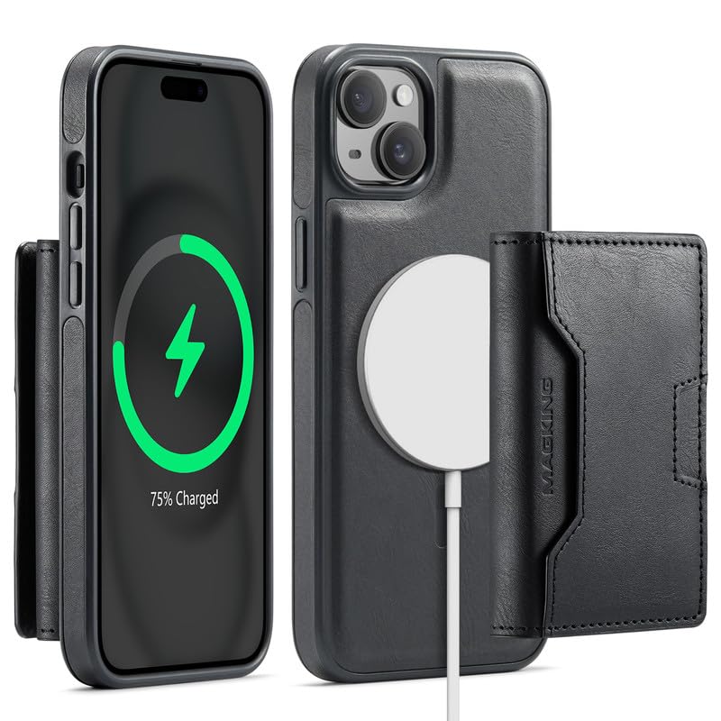 Funda magnética 2 en 1 para iPhone 15 Plus con tarjetero extraíble y bloqueo RFID en color negro