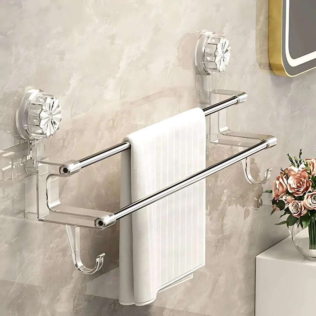 No-Drill Towel Rack for Bathroom, Towel Holder in Bathroom, Wall Mounted Bathroom Towel Rack – Suction Cup Double Rod Wall Shelf for Towels & Clothes-image-24