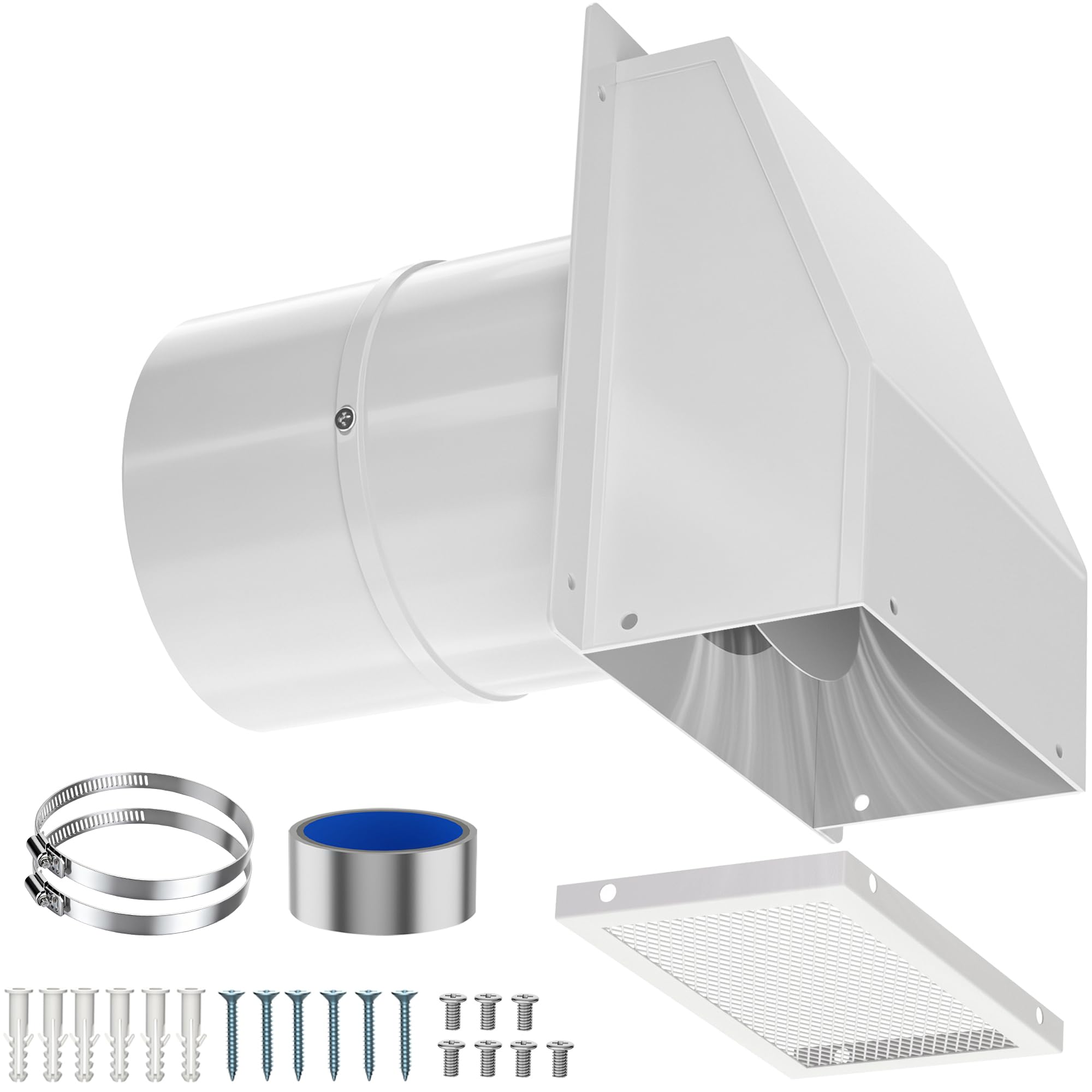 8 Inch Hooded Wall Vent with Screen and Damper, Galvanized Steel Outdoor Wall Exhaust Vent Hood Cap with Aluminum Foil Tape Hose Clamps Screws, White Metal Vent Cover for Kitchen, Dryer, HVAC